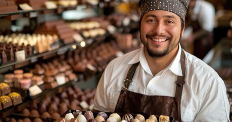 A chocolatier in a chef's apron, holding a tray of handcrafted chocolates, in a chocolate shop, solid color background - obrazy, fototapety, plakaty