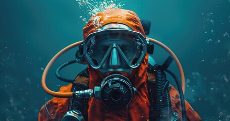A commercial diver in diving gear, preparing for an underwater operation, photorealistik, solid color background - obrazy, fototapety, plakaty