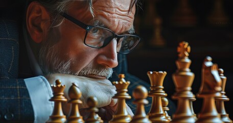 A competitive chess master in deep thought, playing at a chess tournament, photorealistik, solid color background