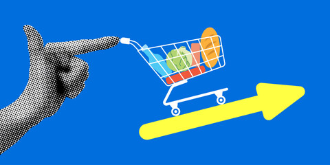 Economic inflation concept. Rising prices for consumer goods . Retro halftone hand and grocery cart. Human hand pushing grocery cart up. Modern collage. Food price inflation. Cost of living