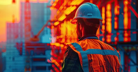 A construction foreman in hard hat and safety vest, overseeing a construction site, photorealistik, solid color background