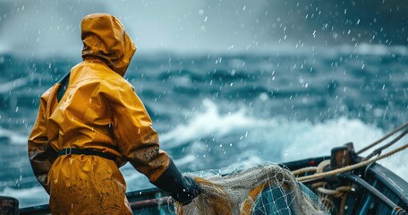 A commercial fisherman in waterproof gear, hauling a net, on a fishing boat, photorealistik, solid color background