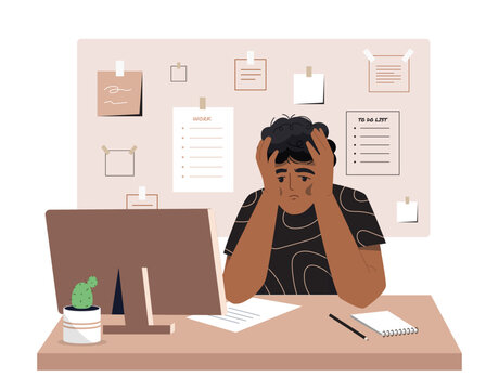 Sad worker at workplace concept. Young guy with emotional burnout in office. Frustration and depression. Negative feelings and emotions. Cartoon flat vector illustration isolated on white background