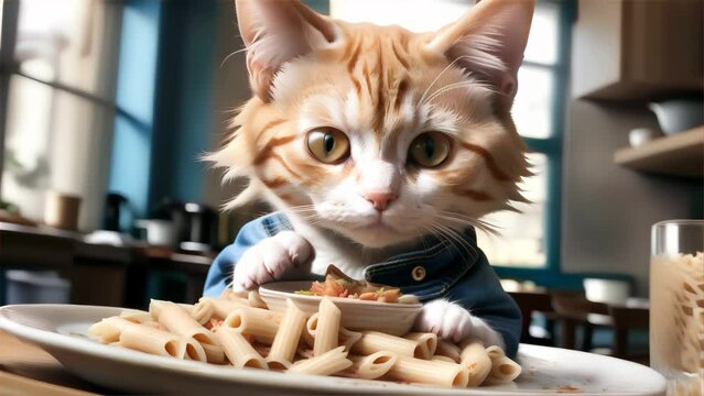 An anthropomorphic ginger cat with expressive eyes is humorously depicted enjoying a plate of pasta, invoking a playful scene