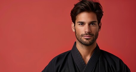 A martial artist in a gi, holding a black belt, standing in a dojo, solid color background - obrazy, fototapety, plakaty