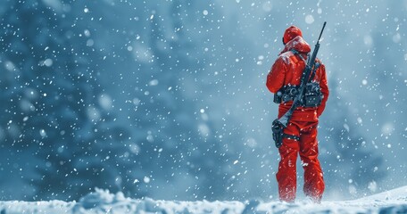 A professional biathlete in winter sportswear, holding a biathlon rifle, standing in a snowy landscape, photorealistik, solid color background