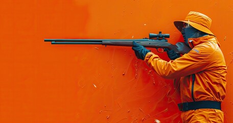A professional clay pigeon shooter in shooting attire, aiming a shotgun, at a shooting range, photorealistik, solid color background - obrazy, fototapety, plakaty