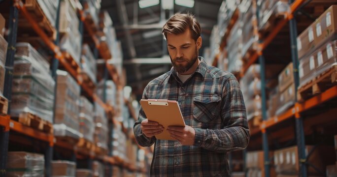 A logistics coordinator in business casual, holding a clipboard, standing in a warehouse, photorealistik, solid color background