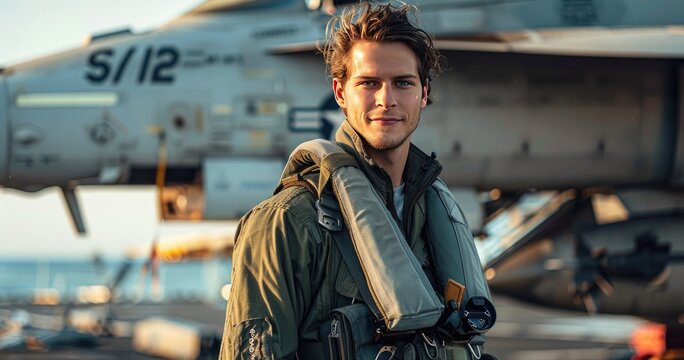 A naval aviator in flight suit, standing in front of a military aircraft, photorealistik, solid color background