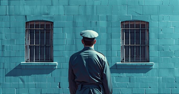 A prison guard in uniform, monitoring inmates, in a prison yard, photorealistik, solid color background