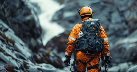 A search and rescue team member in gear, navigating rough terrain, during a search operation, photorealistik, solid color background - obrazy, fototapety, plakaty