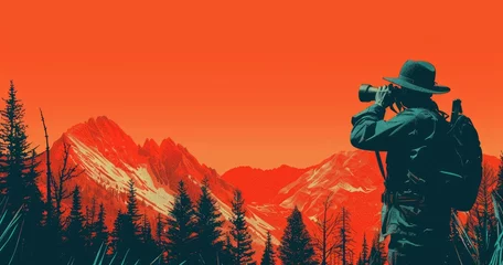 Fototapeten A ranger in uniform, holding binoculars, standing in a national park, solid color background © Gefo