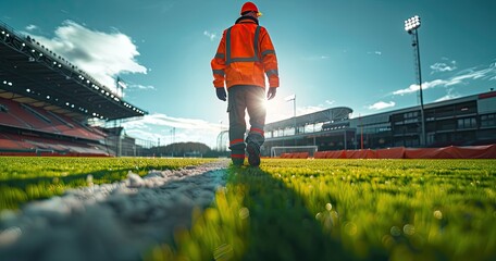 A stadium groundskeeper in maintenance uniform, preparing a sports field, before a game, photorealistik, solid color background - obrazy, fototapety, plakaty