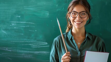 A teacher in front of a chalkboard, holding a pointer and a book, smiling at the camera, solid color background