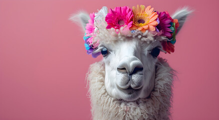 April Fool's Day poster featuring a comical llama in a hat and a fluffy white llama in a flower crown on a pink backdrop with a sheep portrait wearing a colorful birthday hat - obrazy, fototapety, plakaty