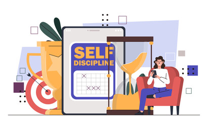 Self discipline concept.Woman with smartphone near hourglass. Deadline, goal and task settings. Time management and efficient workflow. Application for businesspeople. Cartoon flat vector illustration