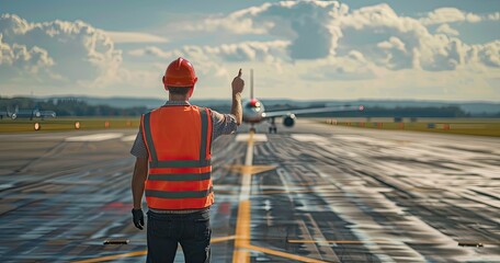 An airfield operations specialist in safety vest, directing airplanes, on a runway, photorealistik, solid color background - obrazy, fototapety, plakaty