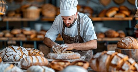 An artisan bread maker in a bakery, shaping dough, surrounded by freshly baked bread, solid color background - obrazy, fototapety, plakaty