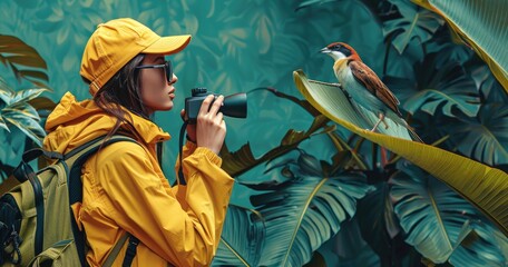A birdwatcher in nature gear, holding binoculars and a field guide, standing in a bird-rich environment, solid color background