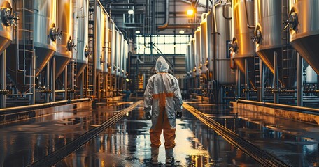 A brewery worker in protective attire, checking fermentation tanks, in a brewery, photorealistik, solid color background - obrazy, fototapety, plakaty