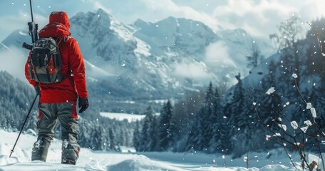 A professional biathlete in winter sportswear, holding a biathlon rifle, standing in a snowy landscape, photorealistik, solid color background - obrazy, fototapety, plakaty