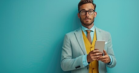 A personal assistant in business attire, holding a schedule and a smartphone, standing in an office, photorealistik, solid color background - obrazy, fototapety, plakaty