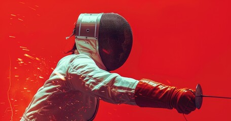 A professional fencer in fencing gear, competing in a fencing bout, photorealistik, solid color background