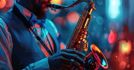 A professional saxophonist in formal wear, playing a saxophone, in a jazz club, photorealistik, solid color background - obrazy, fototapety, plakaty