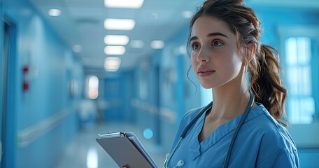 A registered nurse in scrubs, holding a clipboard, standing in a hospital corridor, photorealistik, solid color background