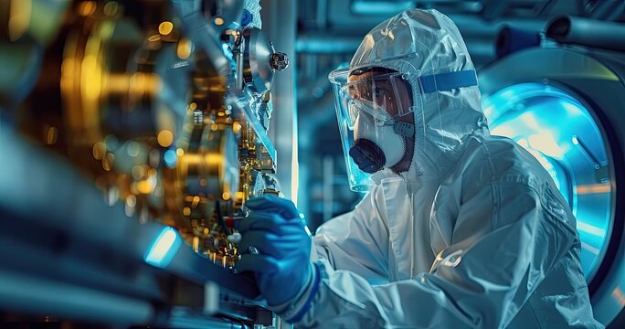 A nuclear engineer in protective radiation suit, inspecting nuclear reactor core, photorealistik, solid color background