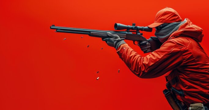 A professional clay pigeon shooter in shooting attire, aiming a shotgun, at a shooting range, photorealistik, solid color background