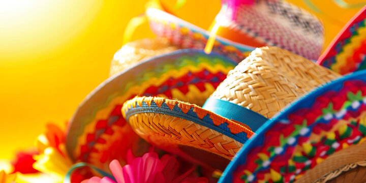 Closeup of straw hats with decorations and various colors