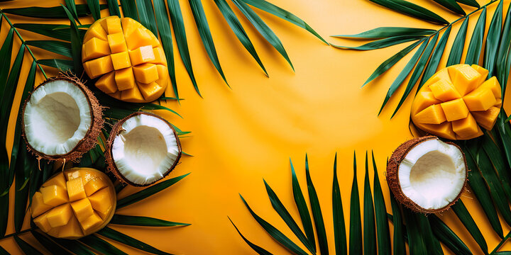 Composition of mango and coconuts forming a frame, yellow background. Tropical, vacation concept
