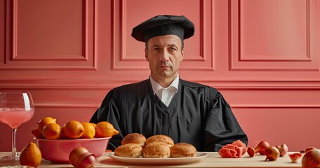 A competitive eating judge in official attire, overseeing a food competition, photorealistik, solid color background