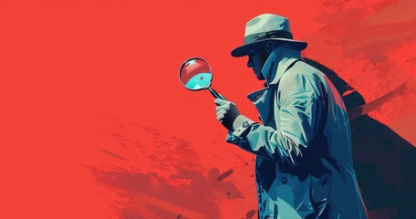A detective in a trench coat, holding a magnifying glass, standing in a crime scene, solid color background