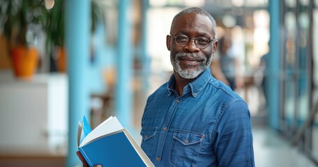 A community outreach coordinator in casual professional wear, holding informational brochures, standing in a community center, photorealistik, solid color background