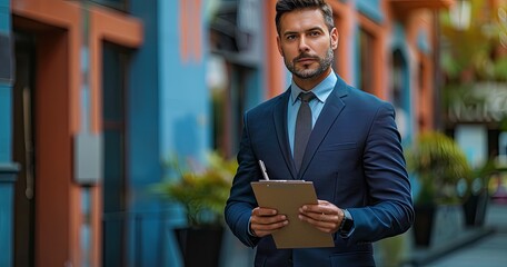 A journalist in professional attire, holding a notepad and a pen, standing outside a news event location, photorealistik, solid color background