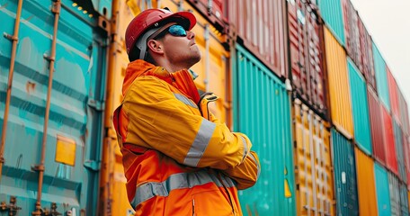 A marine cargo inspector in safety gear, inspecting cargo containers, at a port, photorealistik, solid color background