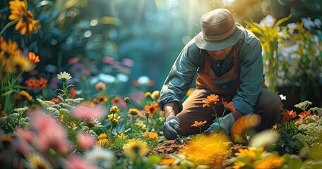 A landscape gardener in gardening uniform, planting flowers, in a garden, photorealistik, solid color background