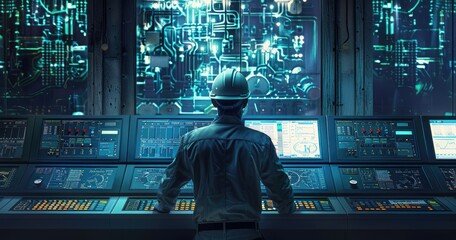 A power plant operator in uniform, monitoring control panels, in a control room, photorealistik, solid color background - obrazy, fototapety, plakaty