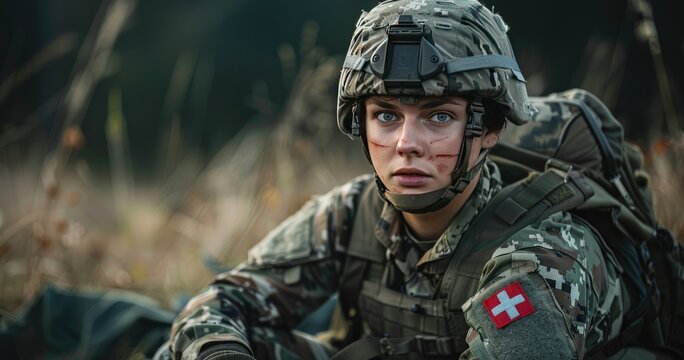 A military medic in combat uniform, providing first aid, in a field environment, photorealistik, solid color background
