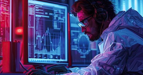 A digital forensic specialist in lab attire, analyzing computer evidence, in a cyber lab, photorealistik, solid color background