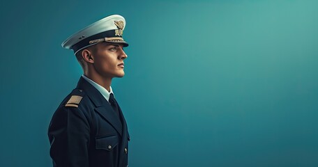 A naval cadet in academy uniform, standing at attention, on a naval base, photorealistik, solid color background