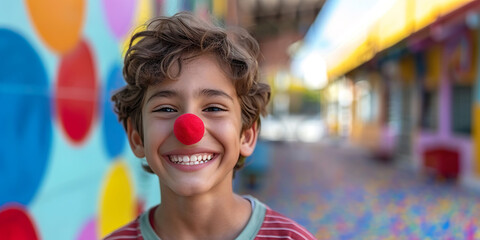 Boy with clown nose, blurred school background