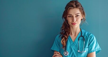 A pediatrician in medical scrubs, holding a stethoscope, standing in a pediatric clinic, photorealistik, solid color background