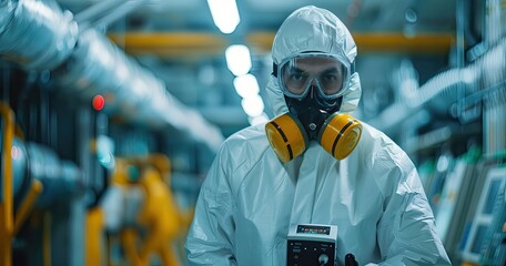 A nuclear scientist in protective lab wear, holding a Geiger counter, standing in a research facility, photorealistik, solid color background