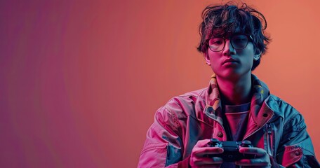 A professional gamer in team attire, holding a gaming controller, standing in a gaming arena, solid color background