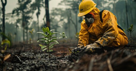Obraz premium A reforestation worker in protective gear, planting trees, in a deforested area, photorealistik, solid color background