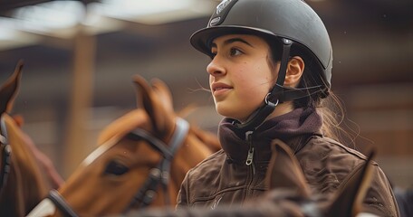 A therapeutic horseback riding instructor in equestrian gear, assisting students, in a riding...