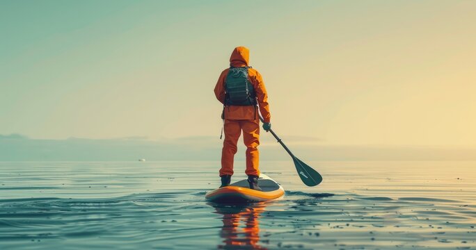 A paddleboard instructor in water sports gear, teaching a class, on calm waters, photorealistik, solid color background
